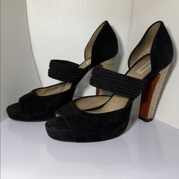Max Mara Black Suede Raffia Heel Platform Peep Toe Heels Women's size 9/39 - Picture 11 of 12